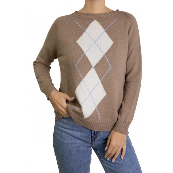 Maglioncino con rombi bicolore girocollo in cotone 